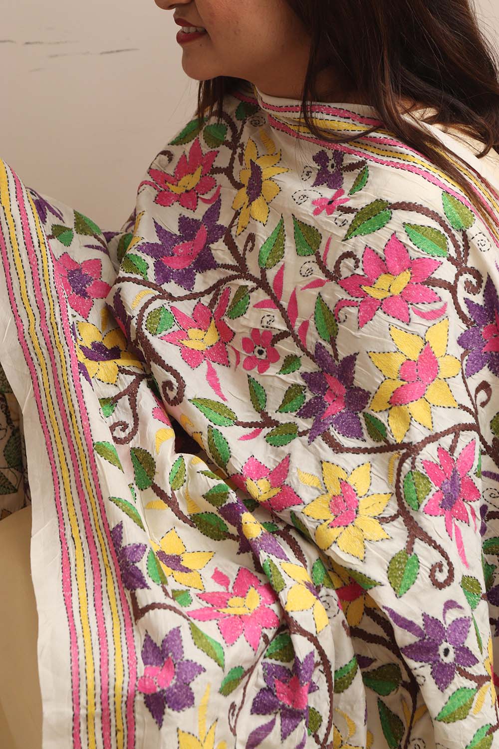 Multicolor Hand Embroidered Kantha Pure Tussar Silk Flower Design Dupatta - Luxurion World