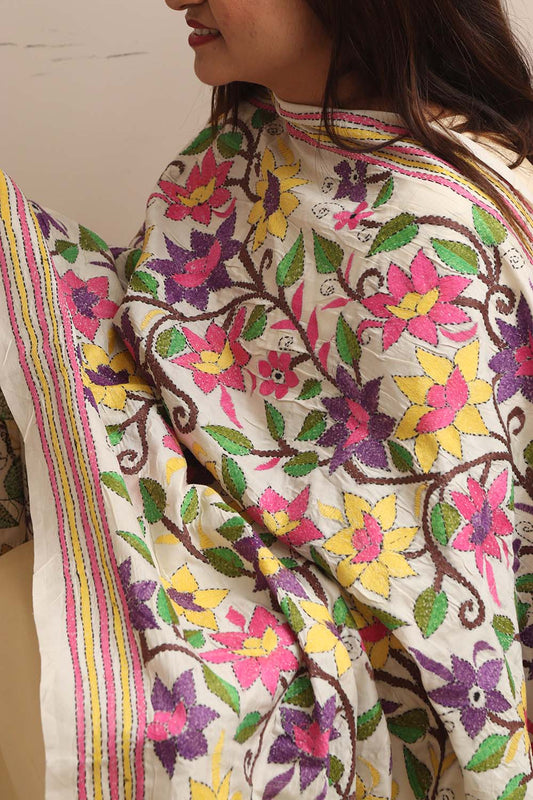 Multicolor Hand Embroidered Kantha Pure Tussar Silk Flower Design Dupatta - Luxurion World