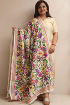 Multicolor Hand Embroidered Kantha Pure Tussar Silk Flower Design Dupatta - Luxurion World