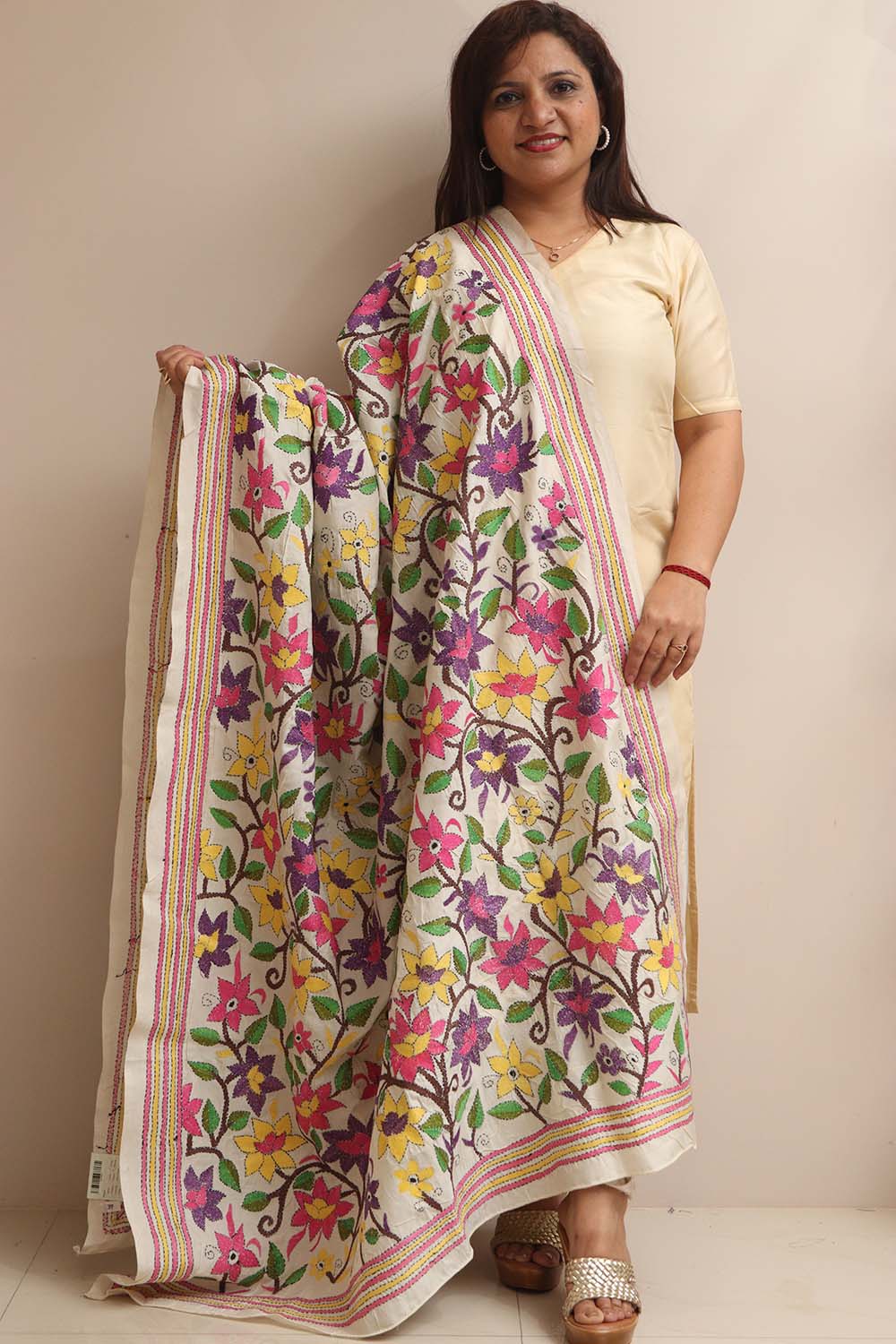 Multicolor Hand Embroidered Kantha Pure Tussar Silk Flower Design Dupatta - Luxurion World