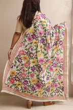 Multicolor Hand Embroidered Kantha Pure Tussar Silk Flower Design Dupatta - Luxurion World