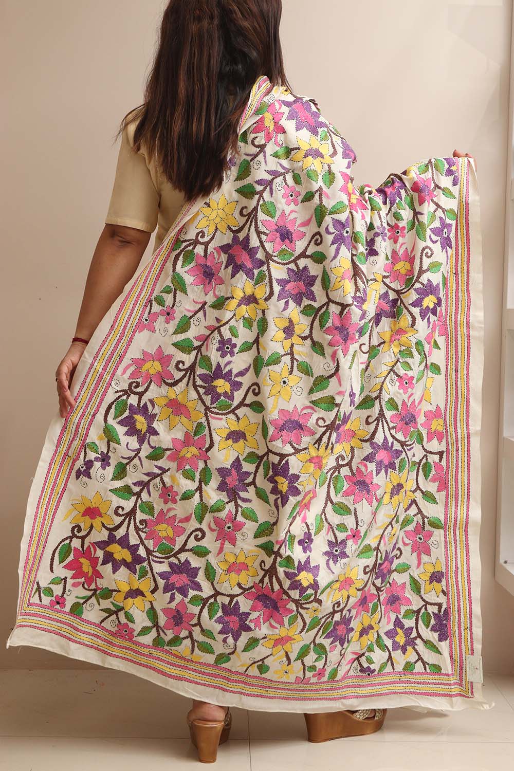 Multicolor Hand Embroidered Kantha Pure Tussar Silk Flower Design Dupatta - Luxurion World