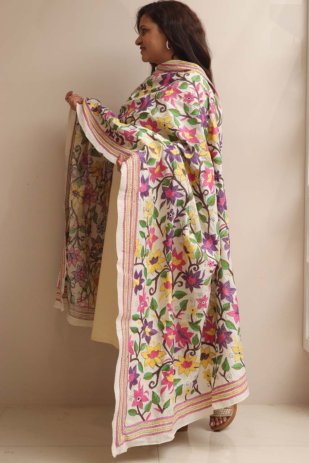 Multicolor Hand Embroidered Kantha Pure Tussar Silk Flower Design Dupatta - Luxurion World