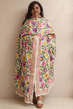 Multicolor Hand Embroidered Kantha Pure Tussar Silk Flower Design Dupatta - Luxurion World