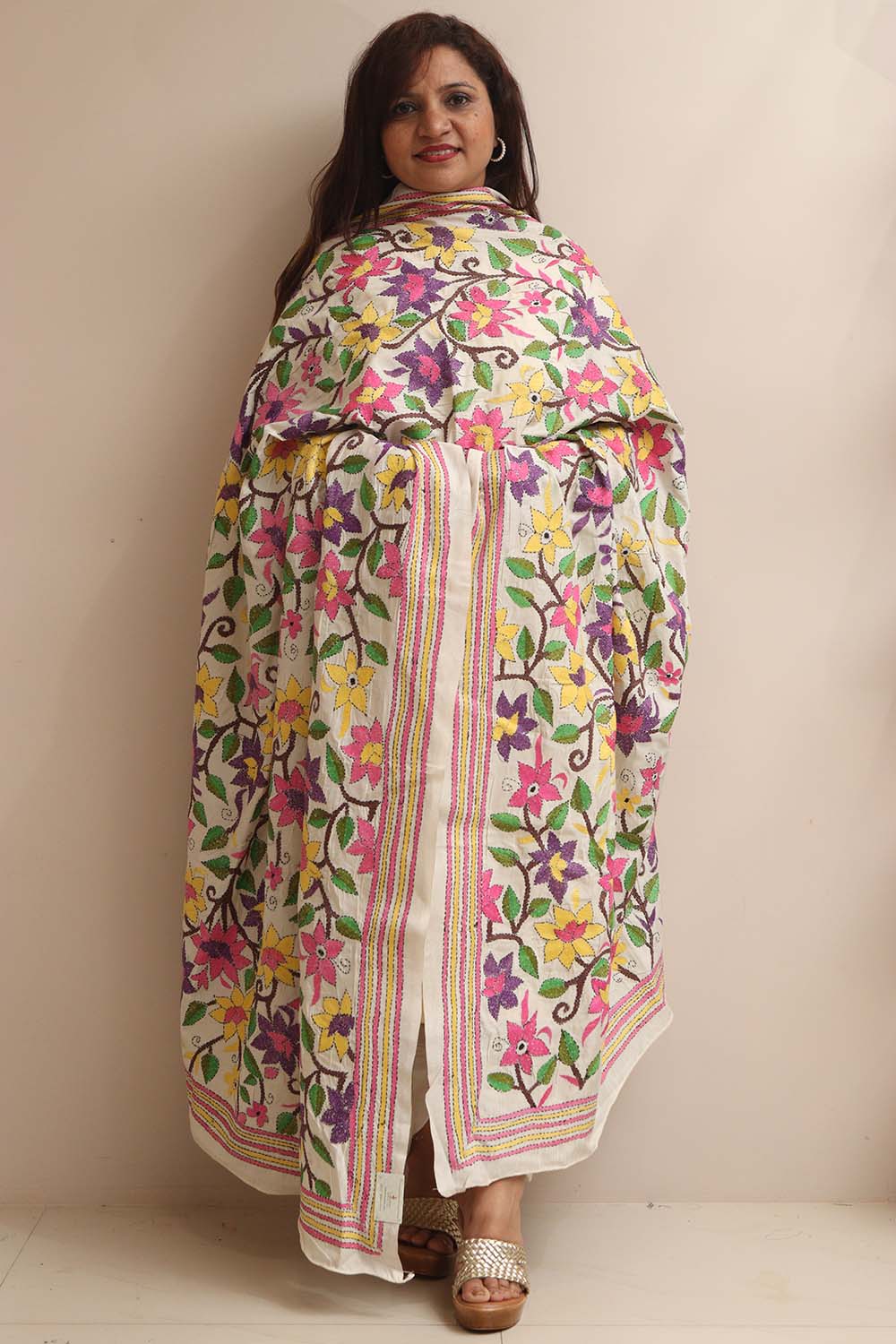 Multicolor Hand Embroidered Kantha Pure Tussar Silk Flower Design Dupatta - Luxurion World