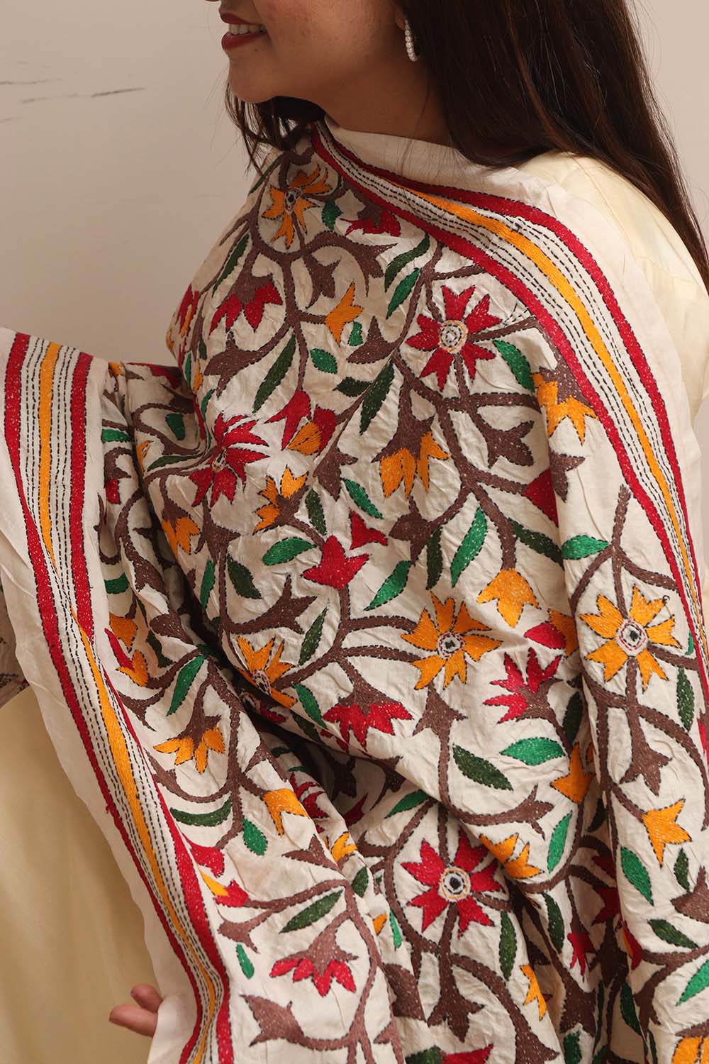 Multicolor Flower Design Hand Embroidered Kantha Pure Tussar Silk Dupatta - Luxurion World