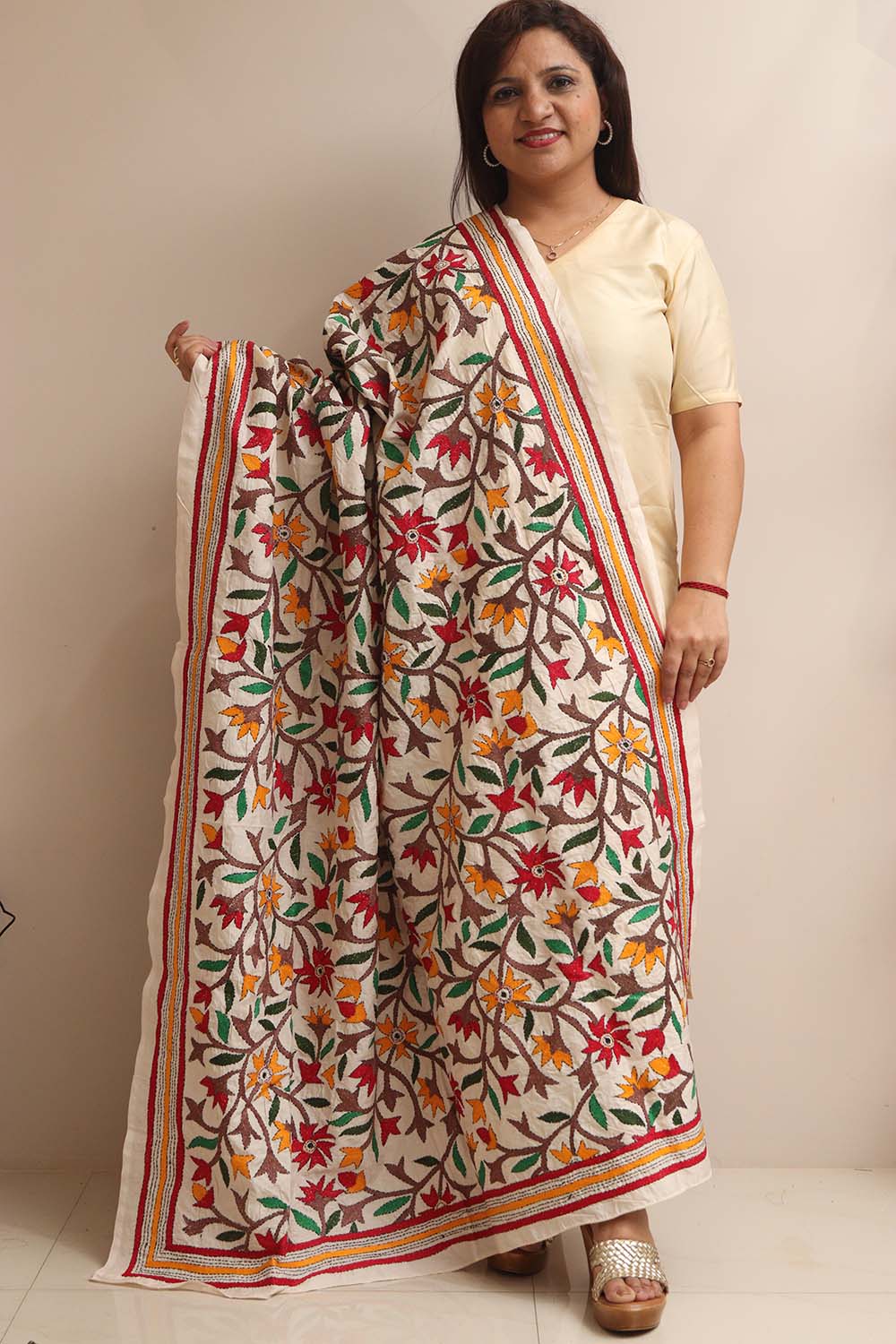 Multicolor Flower Design Hand Embroidered Kantha Pure Tussar Silk Dupatta - Luxurion World