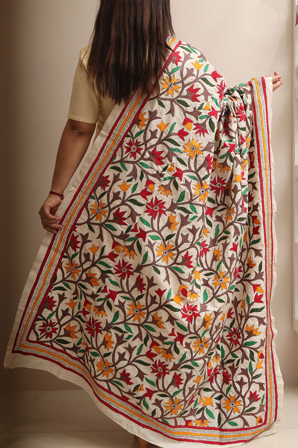 Multicolor Flower Design Hand Embroidered Kantha Pure Tussar Silk Dupatta - Luxurion World