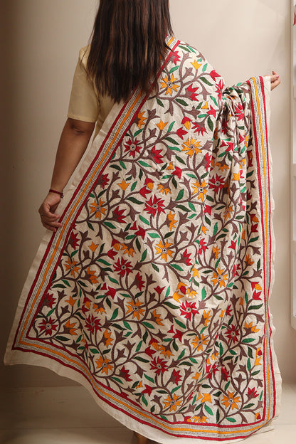 Multicolor Flower Design Hand Embroidered Kantha Pure Tussar Silk Dupatta - Luxurion World