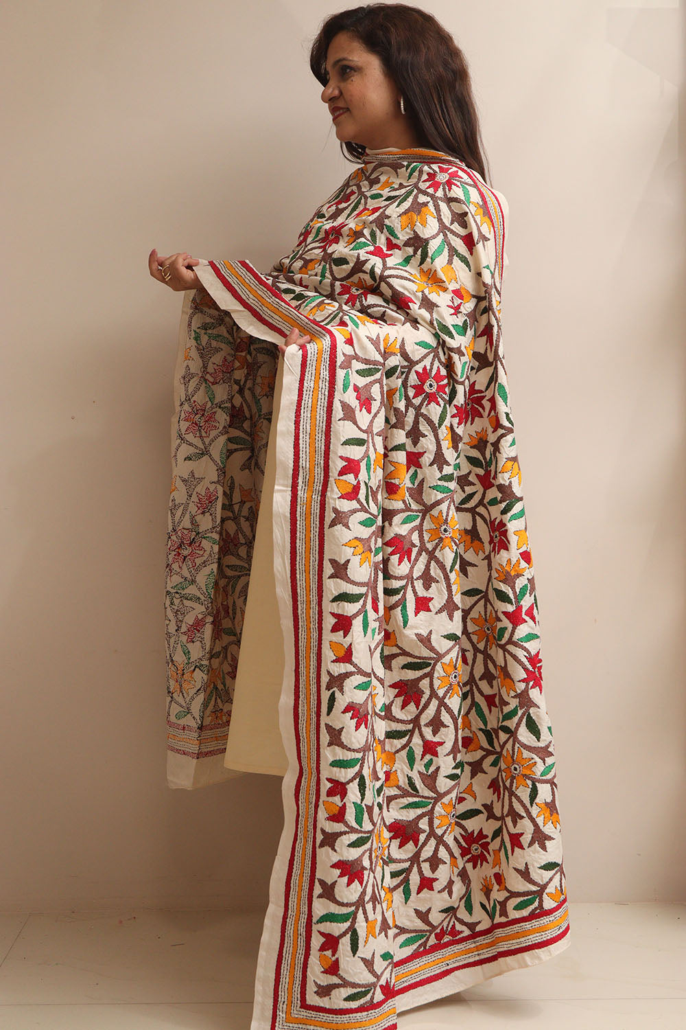 Multicolor Flower Design Hand Embroidered Kantha Pure Tussar Silk Dupatta - Luxurion World