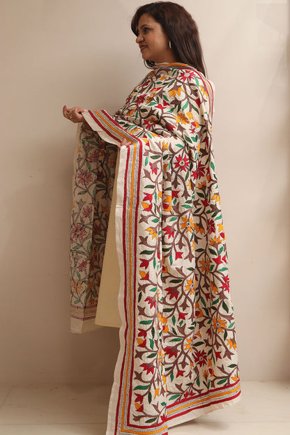 Multicolor Flower Design Hand Embroidered Kantha Pure Tussar Silk Dupatta - Luxurion World