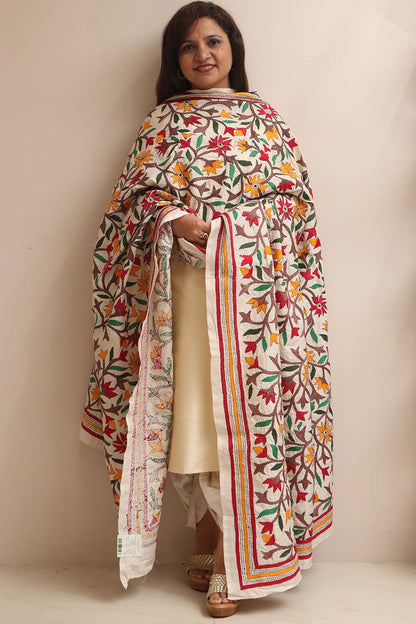 Multicolor Flower Design Hand Embroidered Kantha Pure Tussar Silk Dupatta - Luxurion World
