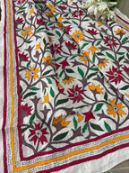 Multicolor Flower Design Hand Embroidered Kantha Pure Tussar Silk Dupatta - Luxurion World