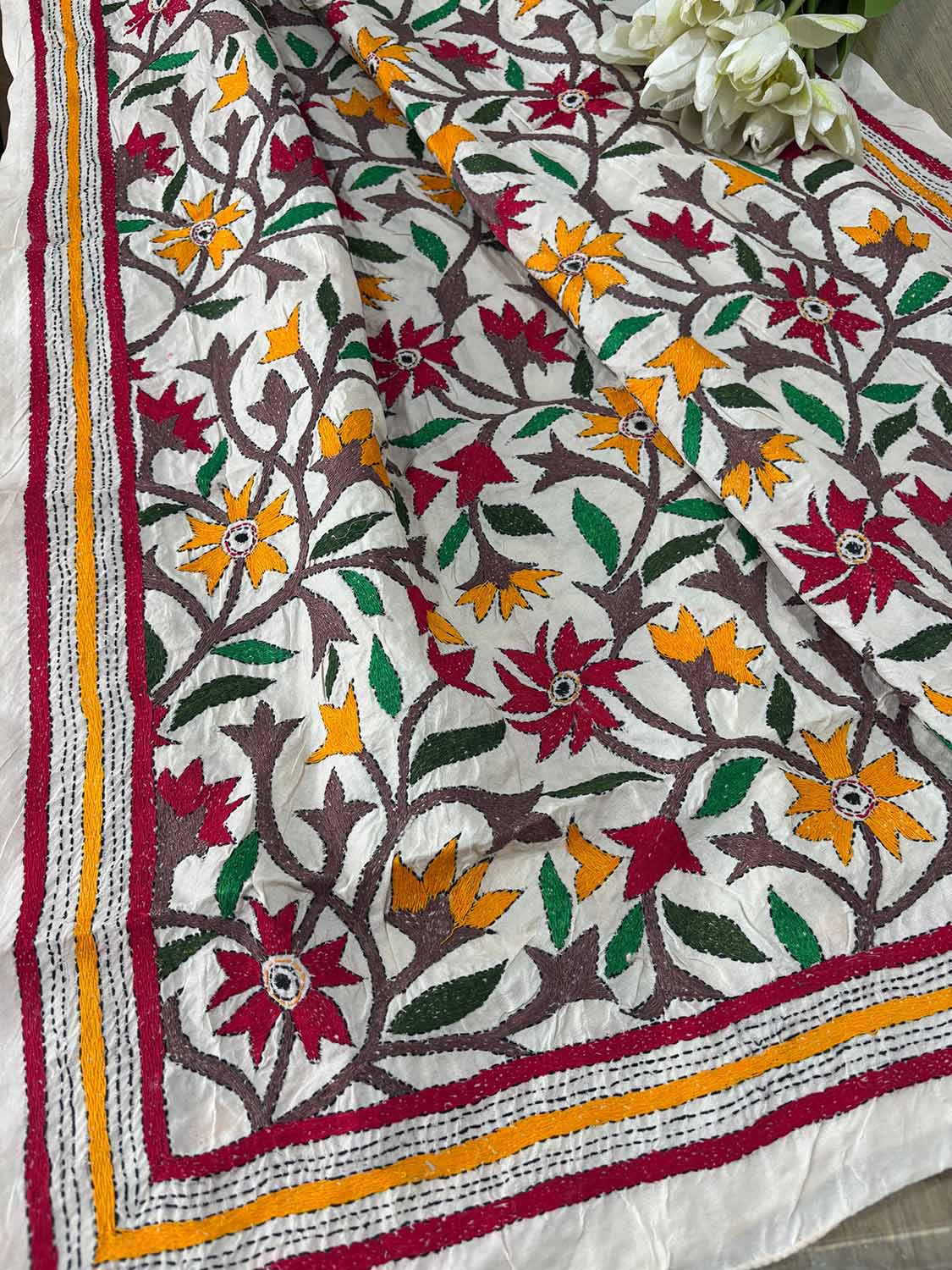 Multicolor Flower Design Hand Embroidered Kantha Pure Tussar Silk Dupatta - Luxurion World