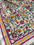 Multicolor Flower Design Hand Embroidered Kantha Pure Tussar Silk Dupatta - Luxurion World