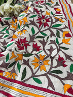 Multicolor Flower Design Hand Embroidered Kantha Pure Tussar Silk Dupatta - Luxurion World