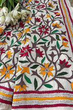 Multicolor Flower Design Hand Embroidered Kantha Pure Tussar Silk Dupatta - Luxurion World