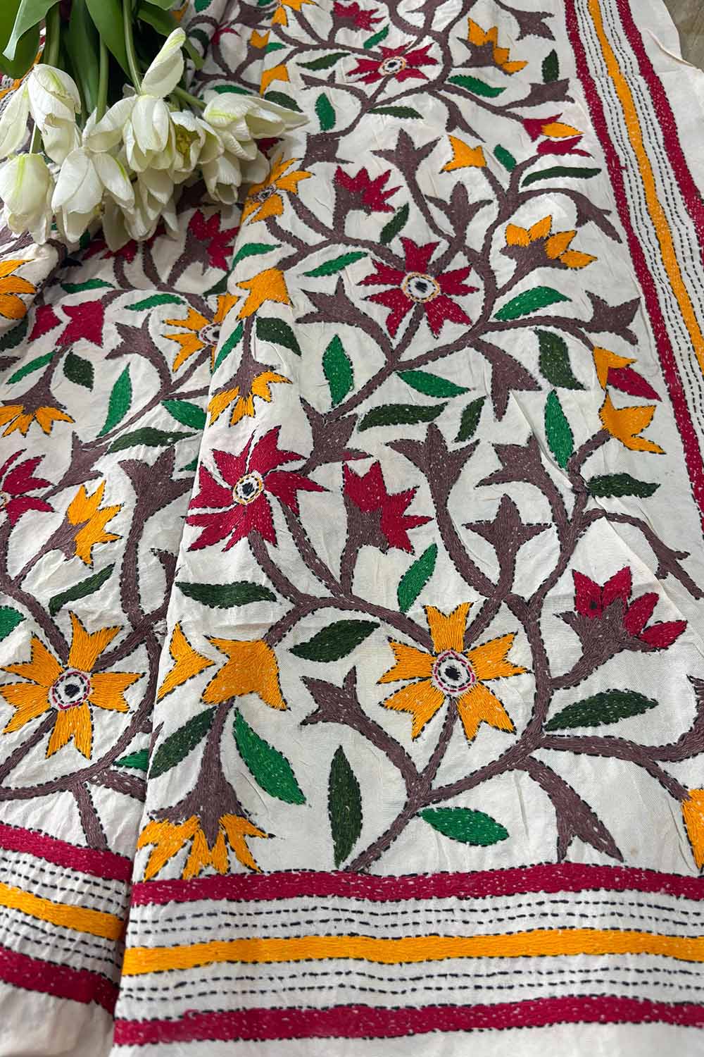 Multicolor Flower Design Hand Embroidered Kantha Pure Tussar Silk Dupatta - Luxurion World