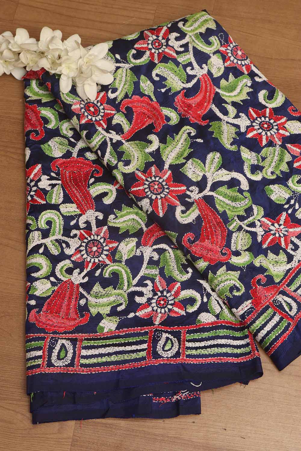 Blue Kantha Bangalore Silk Hand Embroidered Dupatta - Luxurion World