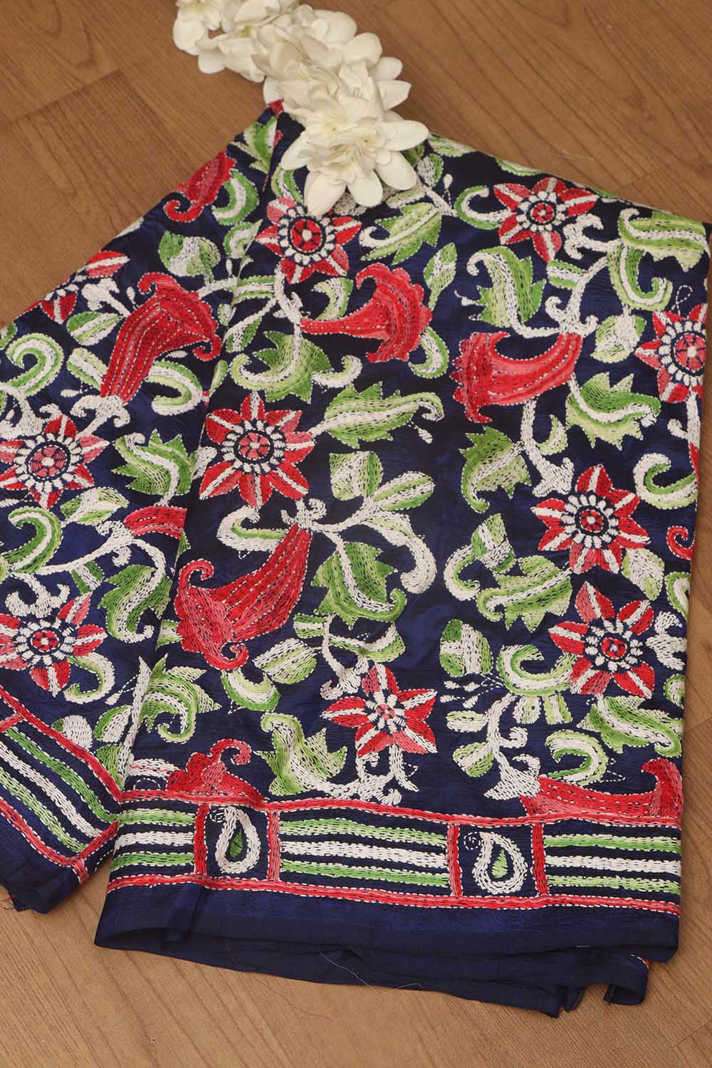 Blue Kantha Bangalore Silk Hand Embroidered Dupatta - Luxurion World