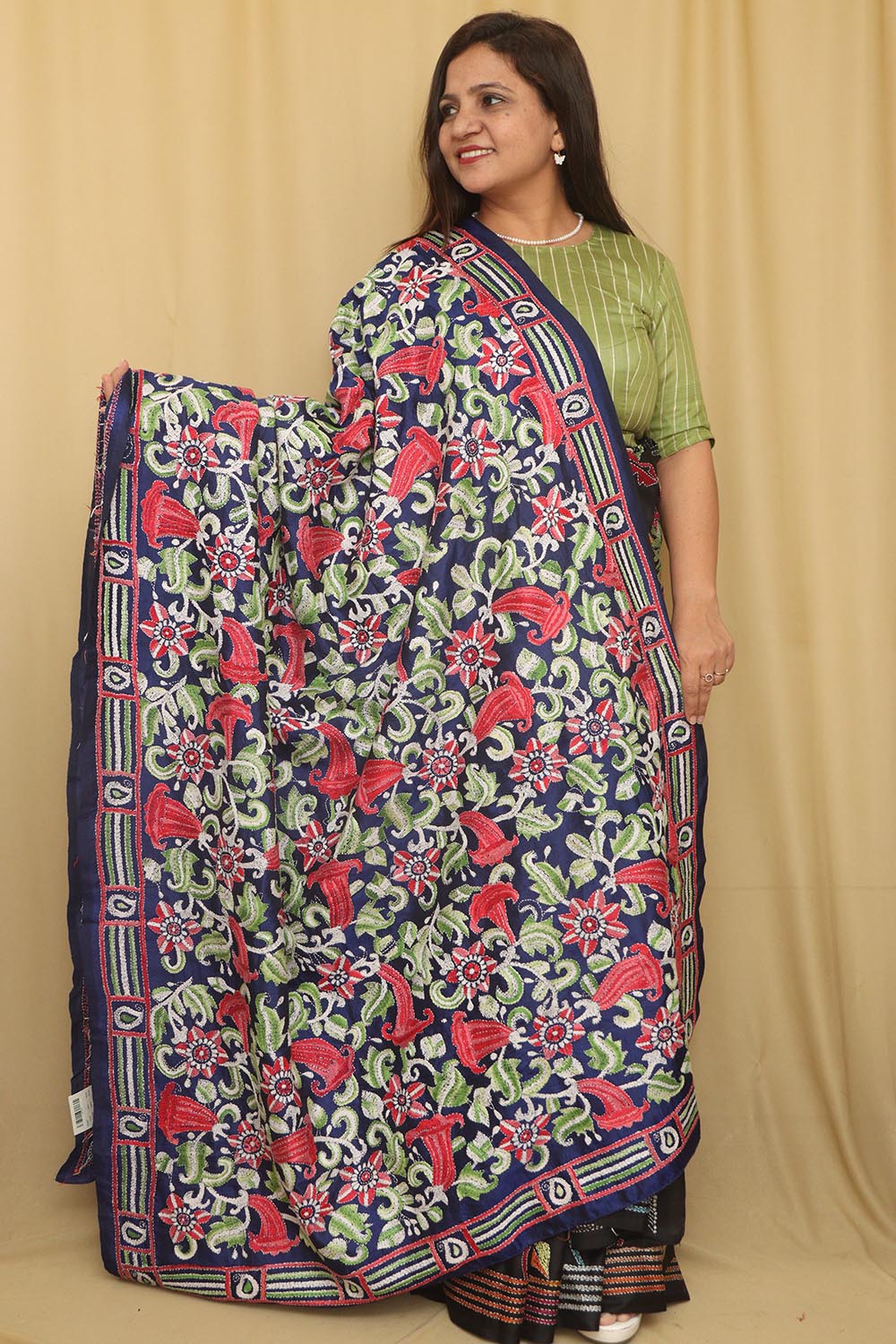 Blue Kantha Bangalore Silk Hand Embroidered Dupatta - Luxurion World