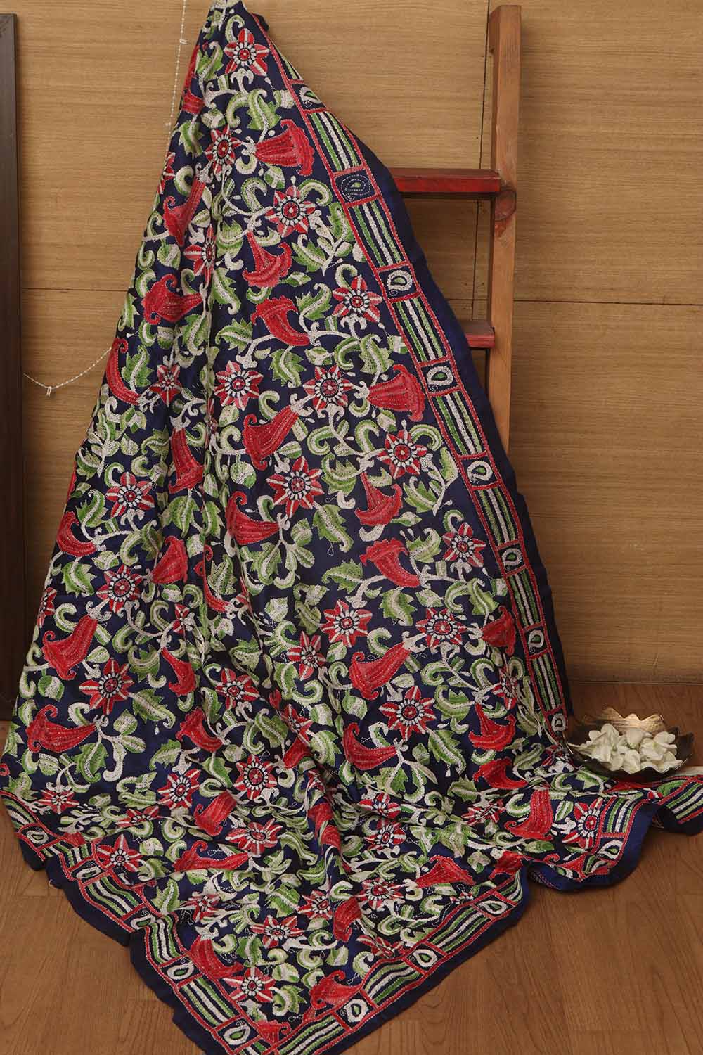 Blue Kantha Bangalore Silk Hand Embroidered Dupatta - Luxurion World