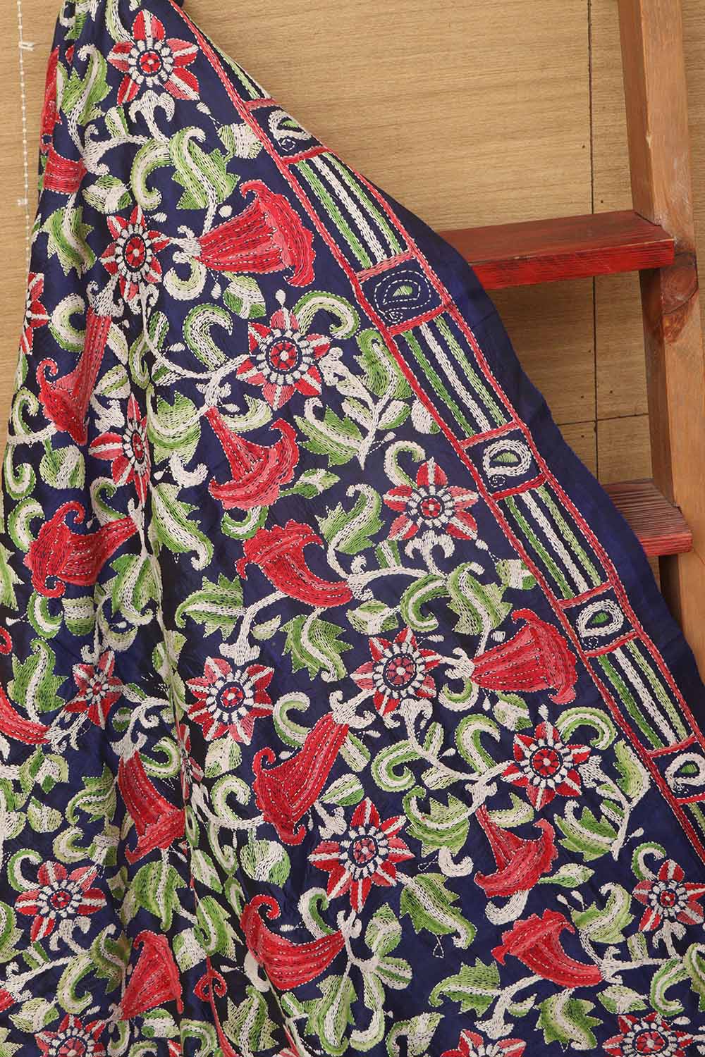 Blue Kantha Bangalore Silk Hand Embroidered Dupatta - Luxurion World