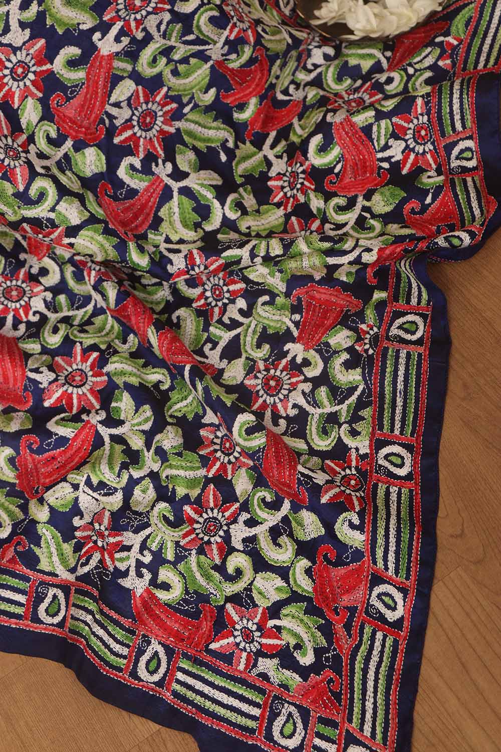 Blue Kantha Bangalore Silk Hand Embroidered Dupatta - Luxurion World