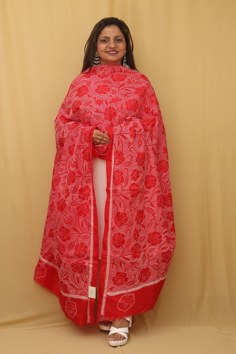 Red Hand Embroidered Kantha Pure Bangalore Silk Dupatta - Luxurion World