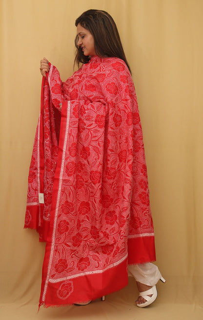 Red Hand Embroidered Kantha Pure Bangalore Silk Dupatta - Luxurion World