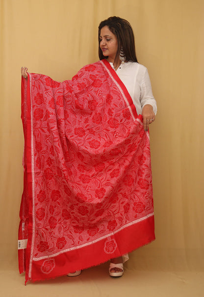 Red Hand Embroidered Kantha Pure Bangalore Silk Dupatta - Luxurion World