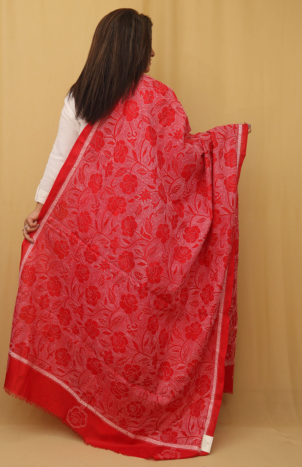 Red Hand Embroidered Kantha Pure Bangalore Silk Dupatta - Luxurion World