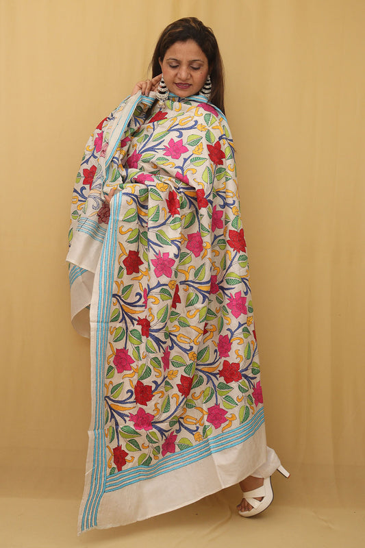 Exquisite Off White Kantha Silk Dupatta with Hand Embroidery - Luxurion World