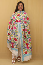 Exquisite Off White Kantha Silk Dupatta with Hand Embroidery - Luxurion World
