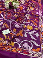 Purple Hand Embroidered Kantha Banglore Silk Dupatta - Luxurion World
