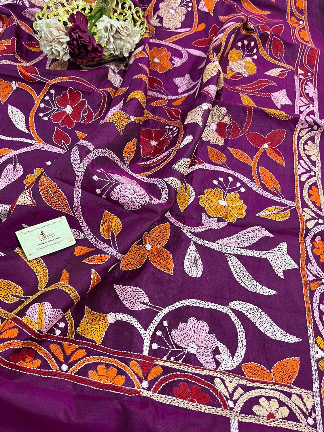 Purple Hand Embroidered Kantha Banglore Silk Dupatta - Luxurion World