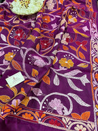 Purple Hand Embroidered Kantha Banglore Silk Dupatta - Luxurion World