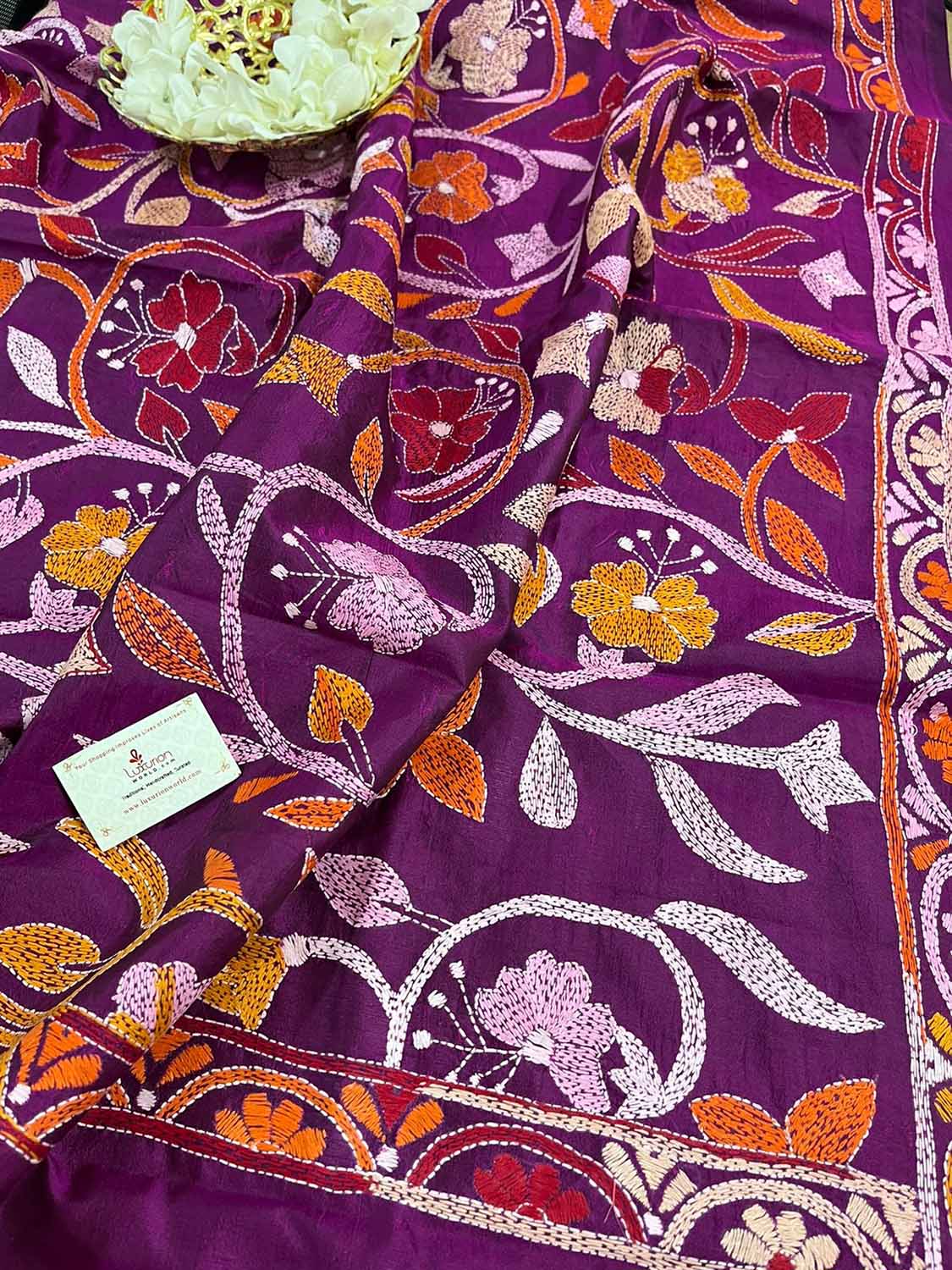 Purple Hand Embroidered Kantha Banglore Silk Dupatta - Luxurion World