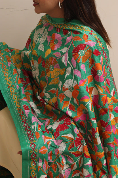 Green Hand Embroidered Flower Design Kantha Pure Silk Dupatta - Luxurion World