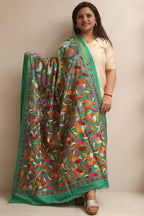 Green Hand Embroidered Flower Design Kantha Pure Silk Dupatta - Luxurion World- Crafted Heirlooms