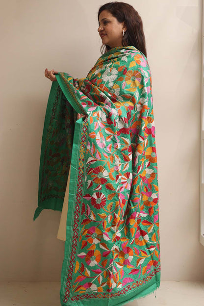 Green Hand Embroidered Flower Design Kantha Pure Silk Dupatta - Luxurion World