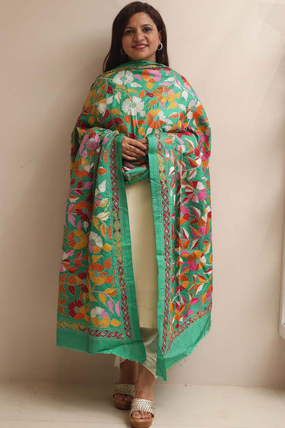 Green Hand Embroidered Flower Design Kantha Pure Silk Dupatta - Luxurion World