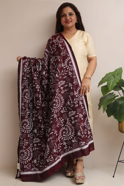 Maroon Hand Embroidered Warli Design Kantha Pure Silk Dupatta - Luxurion World