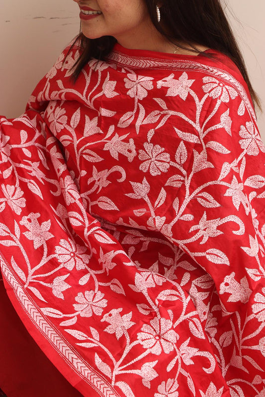 Red Hand Embroidered Kantha Pure Bangalore Silk Dupatta - Luxurion World