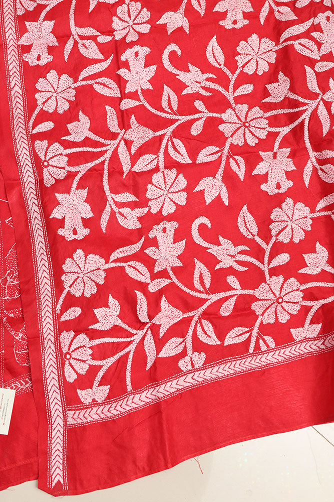 Red Hand Embroidered Kantha Pure Bangalore Silk Dupatta - Luxurion World- Crafted Heirlooms