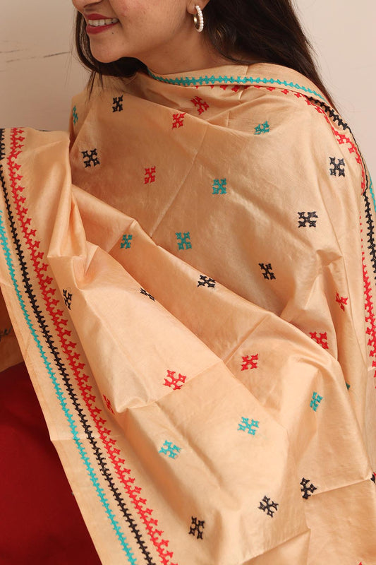 Pastel Hand Embroidered Kantha Pure Bangalore Silk Dupatta - Luxurion World