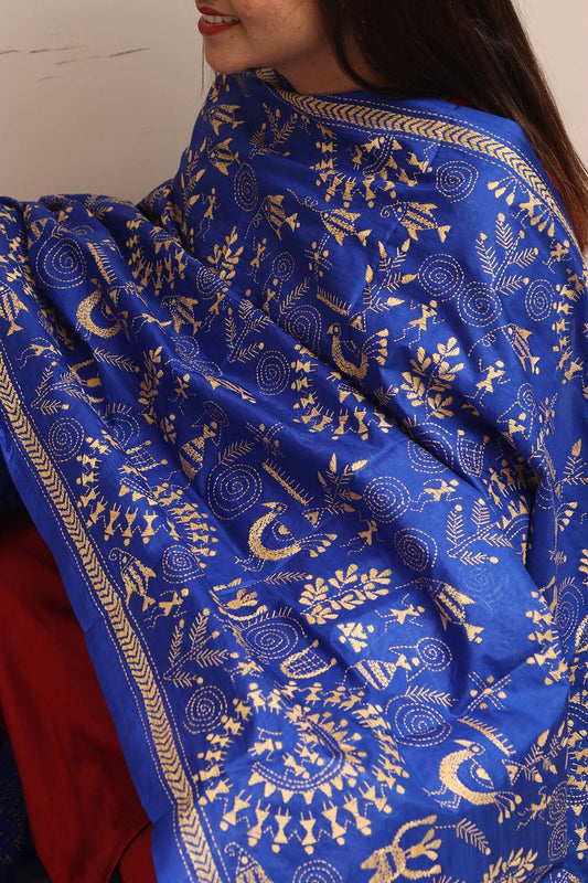 Blue Hand Embroidered Kantha Pure Bangalore Silk Dupatta - Luxurion World