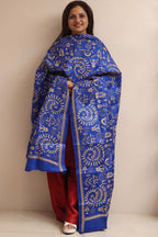 Blue Hand Embroidered Kantha Pure Bangalore Silk Dupatta - Luxurion World