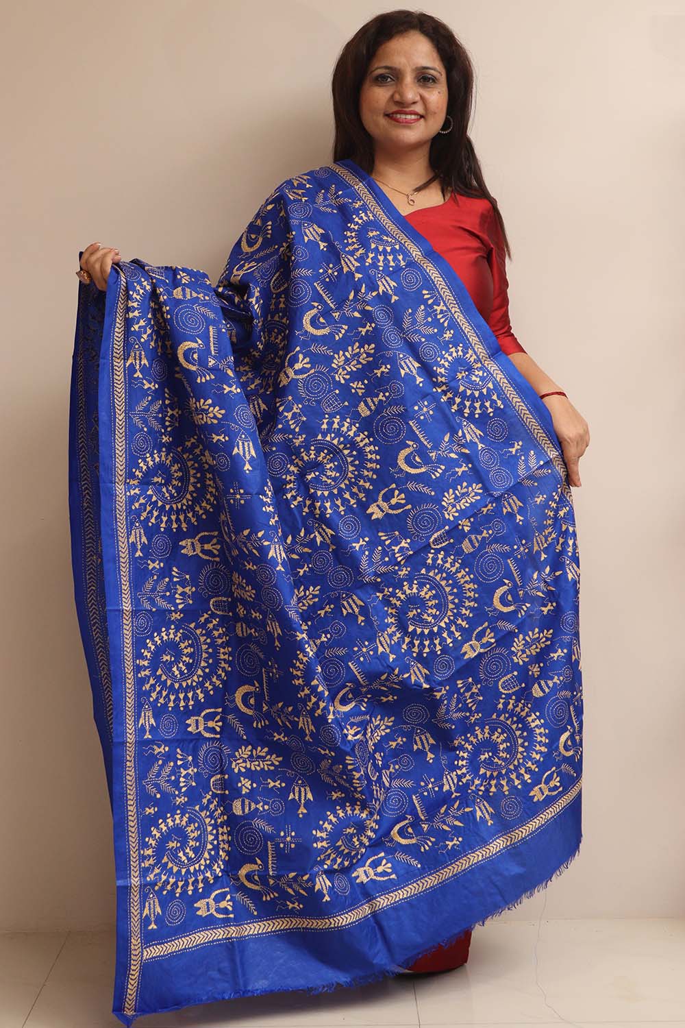 Blue Hand Embroidered Kantha Pure Bangalore Silk Dupatta - Luxurion World