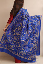 Blue Hand Embroidered Kantha Pure Bangalore Silk Dupatta - Luxurion World